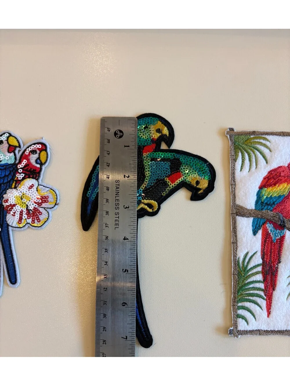 3 Vintage Parrot Applique Patch Lot Sequin Embroidered Macaw Birds DIY Craft